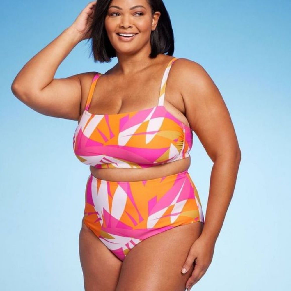 3XL Plus Size Bikini Top Pink Orange Full Coverage Kona Sol Abstract Design